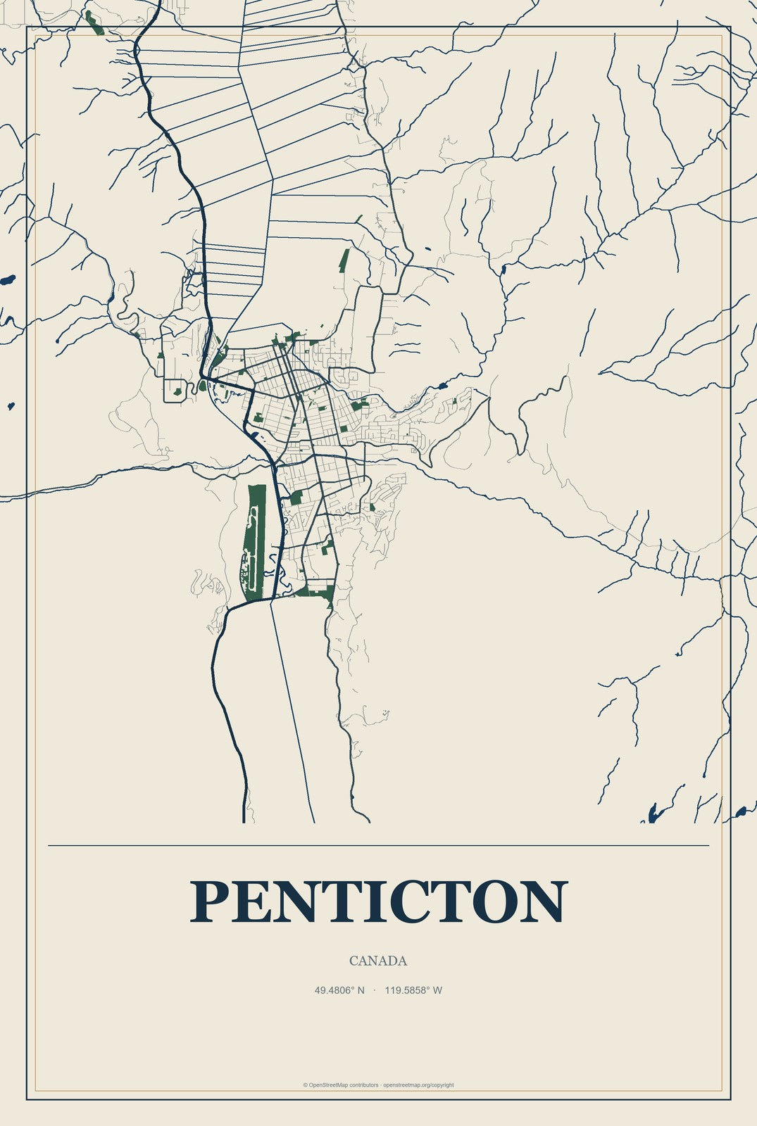 Penticton, Canada City Map Aluminum Sign in Coastal Cutout style