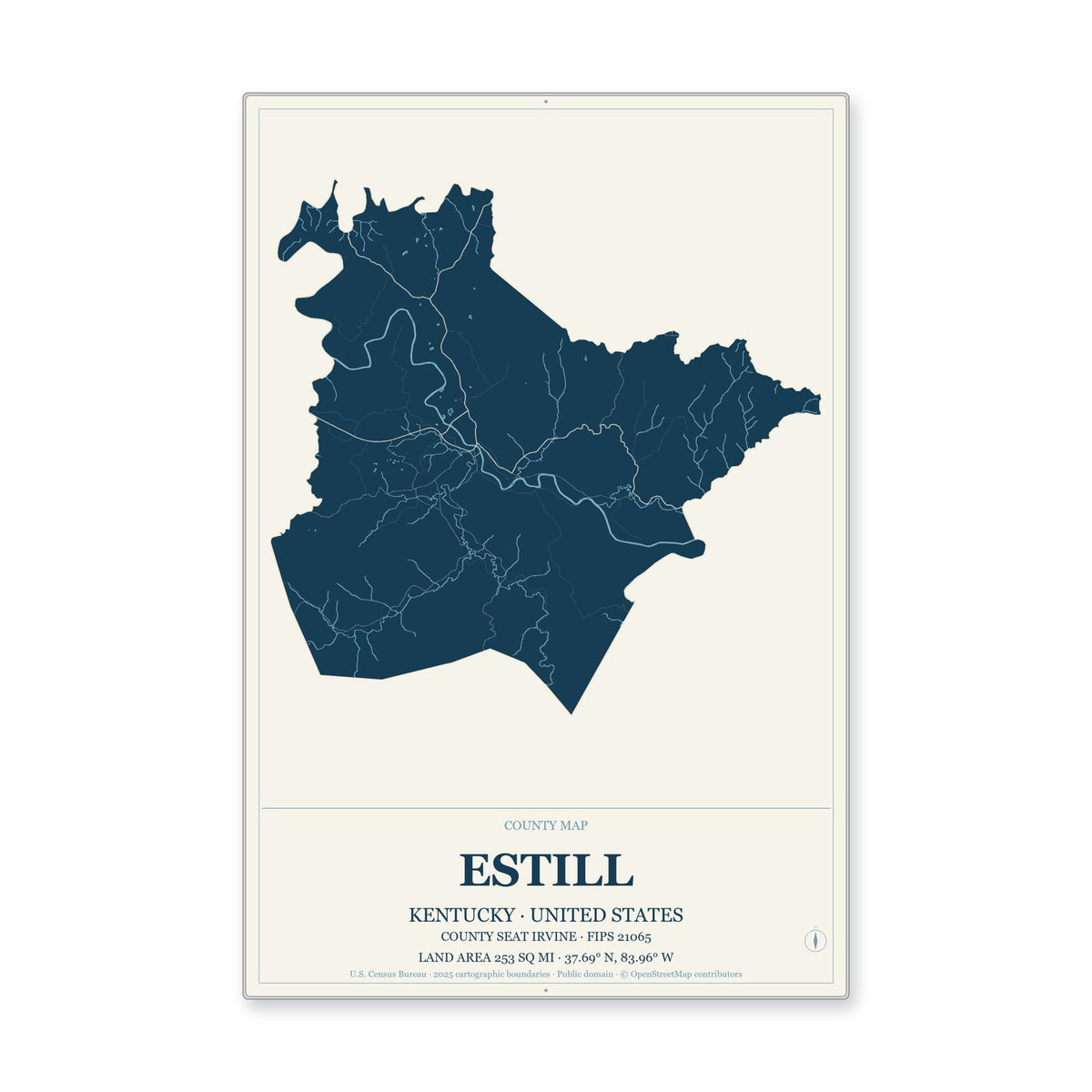 Estill County, Kentucky Map Aluminum Sign in Coastal Cutout style