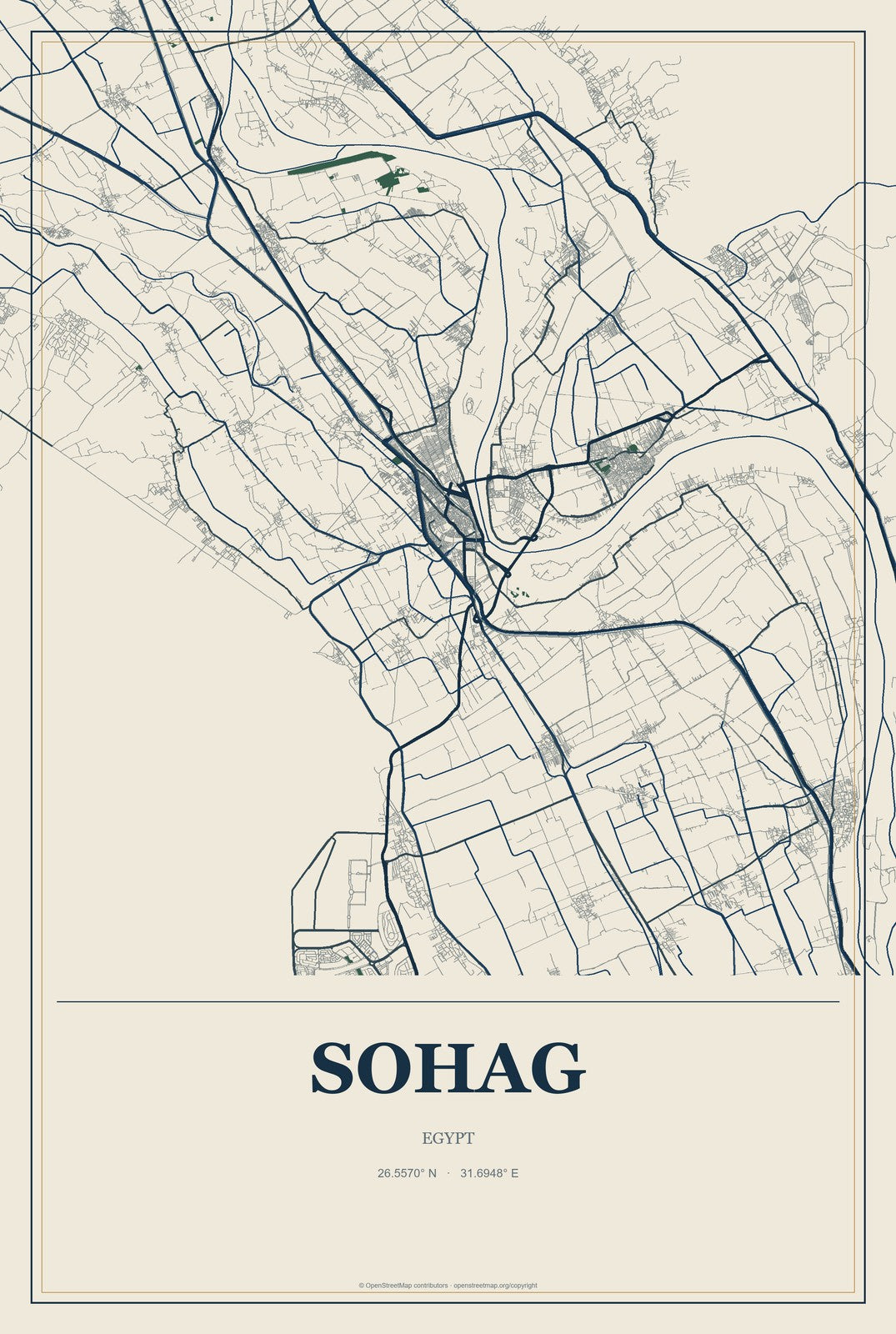 Sohag, Egypt City Map Aluminum Sign in Coastal Cutout style