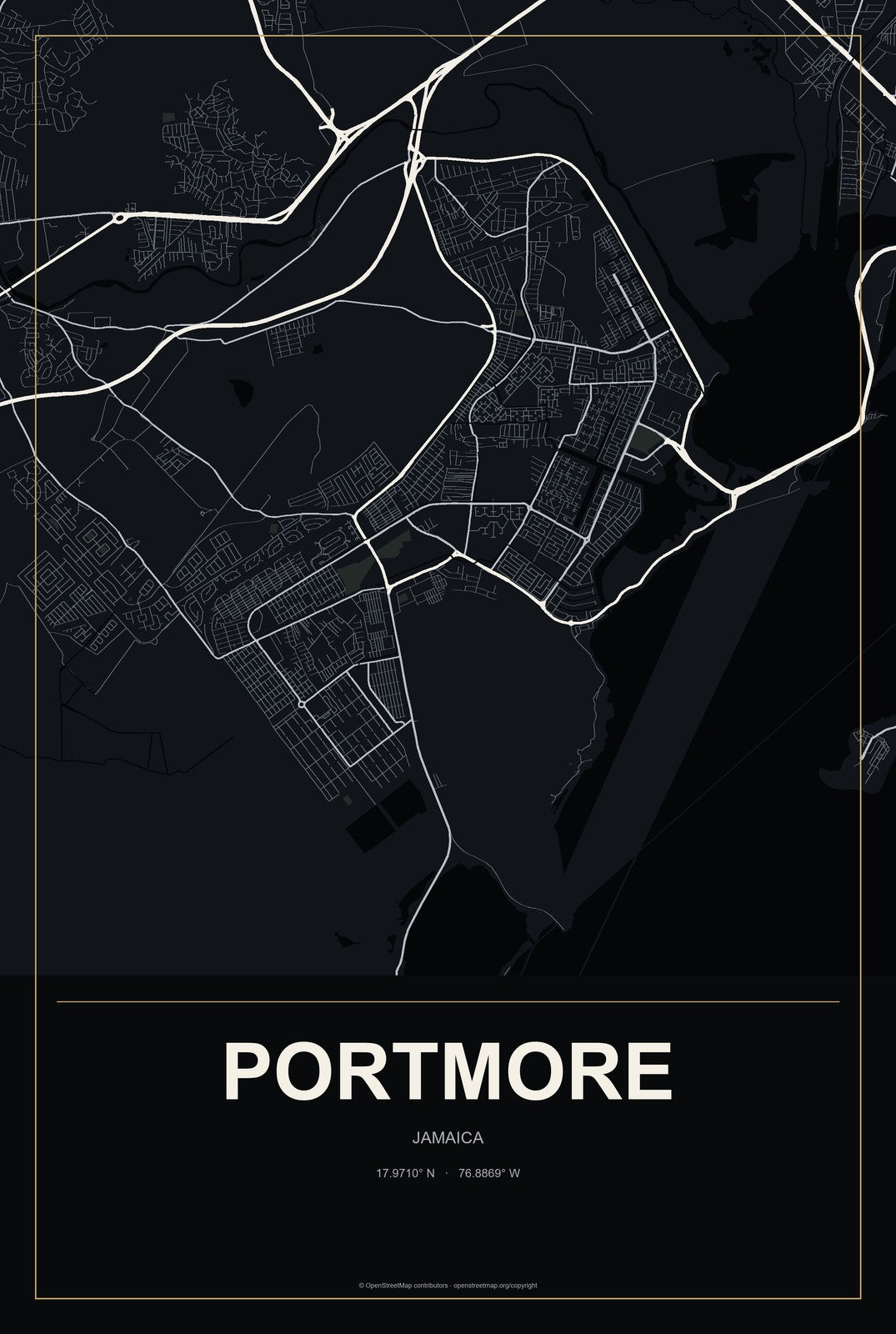 Portmore, Jamaica City Map Aluminum Sign in Metropolitan Noir style