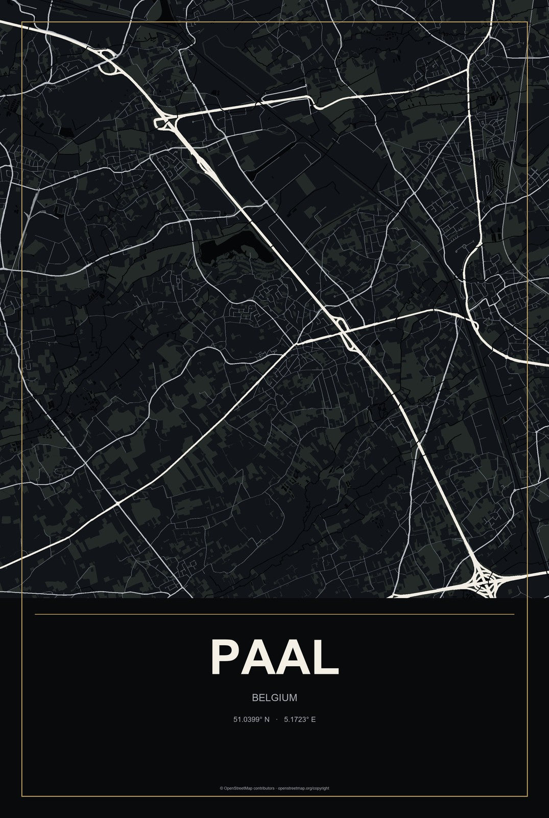 Paal, Belgium City Map Aluminum Sign in Metropolitan Noir style