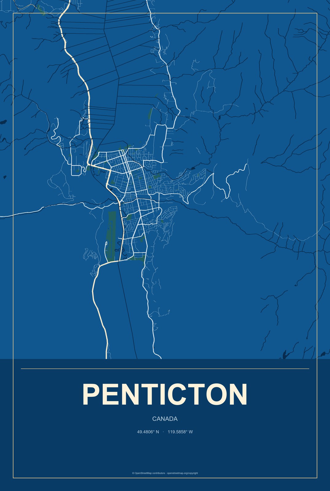 Penticton, Canada City Map Aluminum Sign in Harbor Cobalt style
