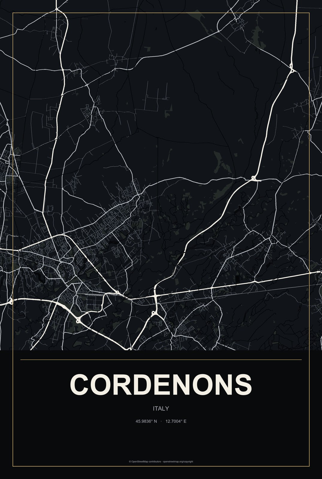 Cordenons, Italy City Map Aluminum Sign in Metropolitan Noir style