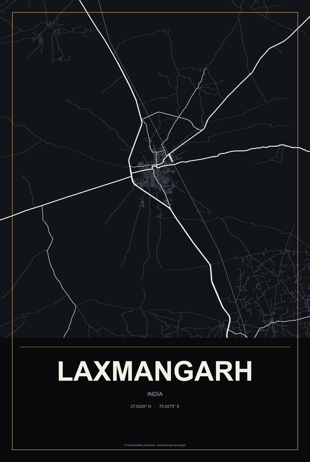 Laxmangarh, India City Map Aluminum Sign in Metropolitan Noir style