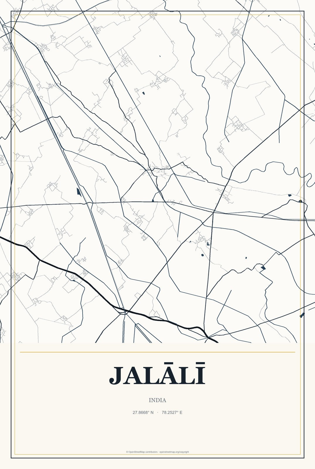Jalālī, India City Map Aluminum Sign in Citrine Modern style
