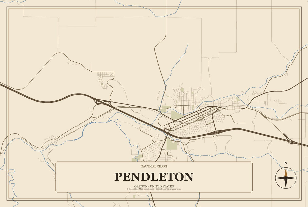 Pendleton, Oregon City Map Aluminum Sign in Heritage Nautical style