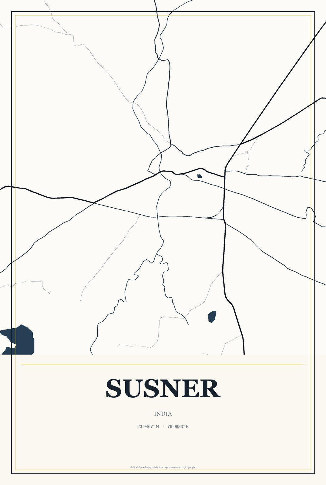 Susner, India City Map Aluminum Sign in Citrine Modern style
