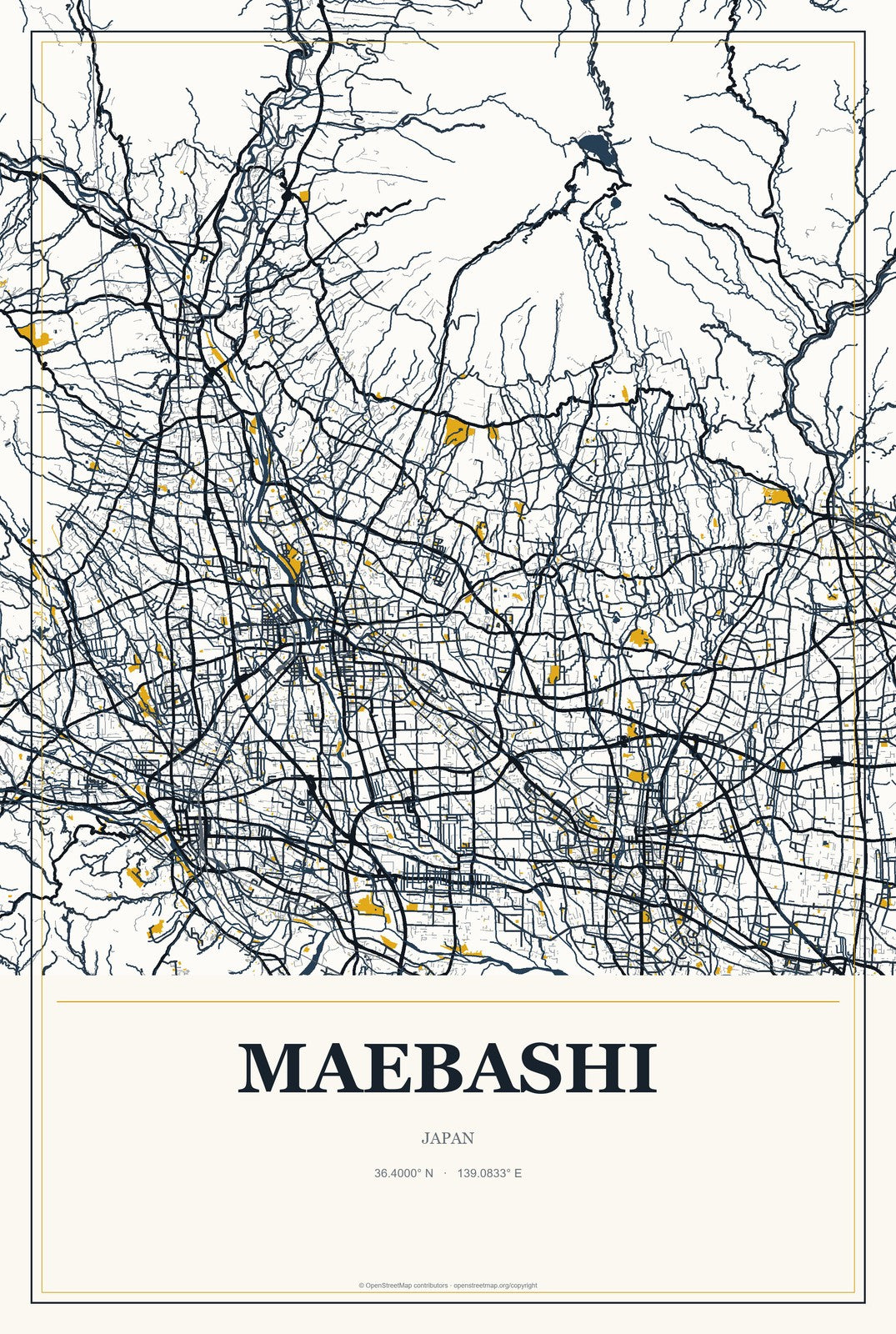 Maebashi, Japan City Map Aluminum Sign in Citrine Modern style