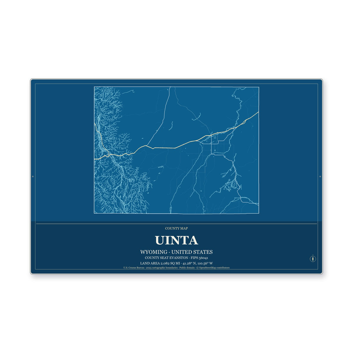 Uinta County, Wyoming Map Aluminum Sign in Harbor Cobalt style