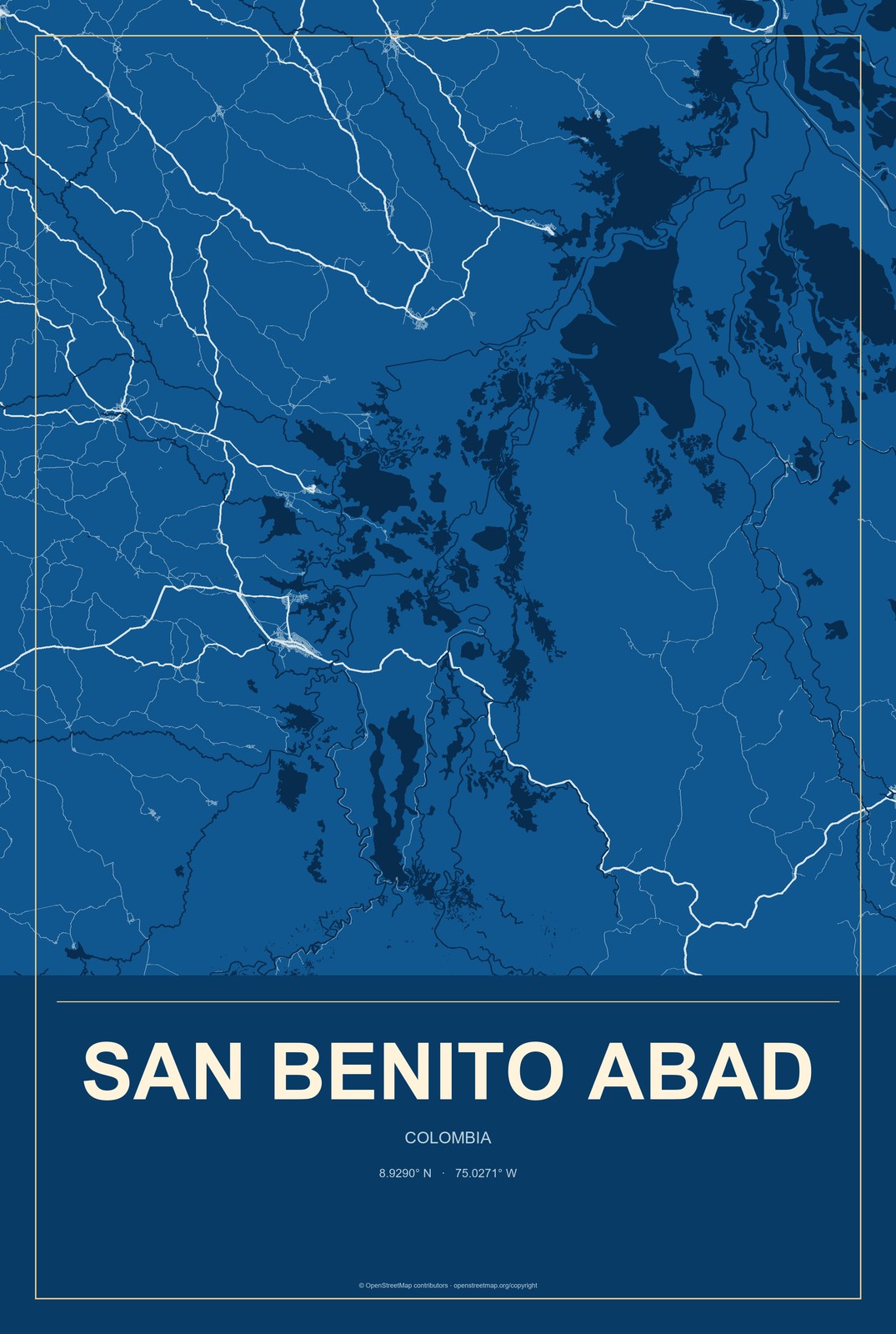 San Benito Abad, Colombia City Map Aluminum Sign in Harbor Cobalt style