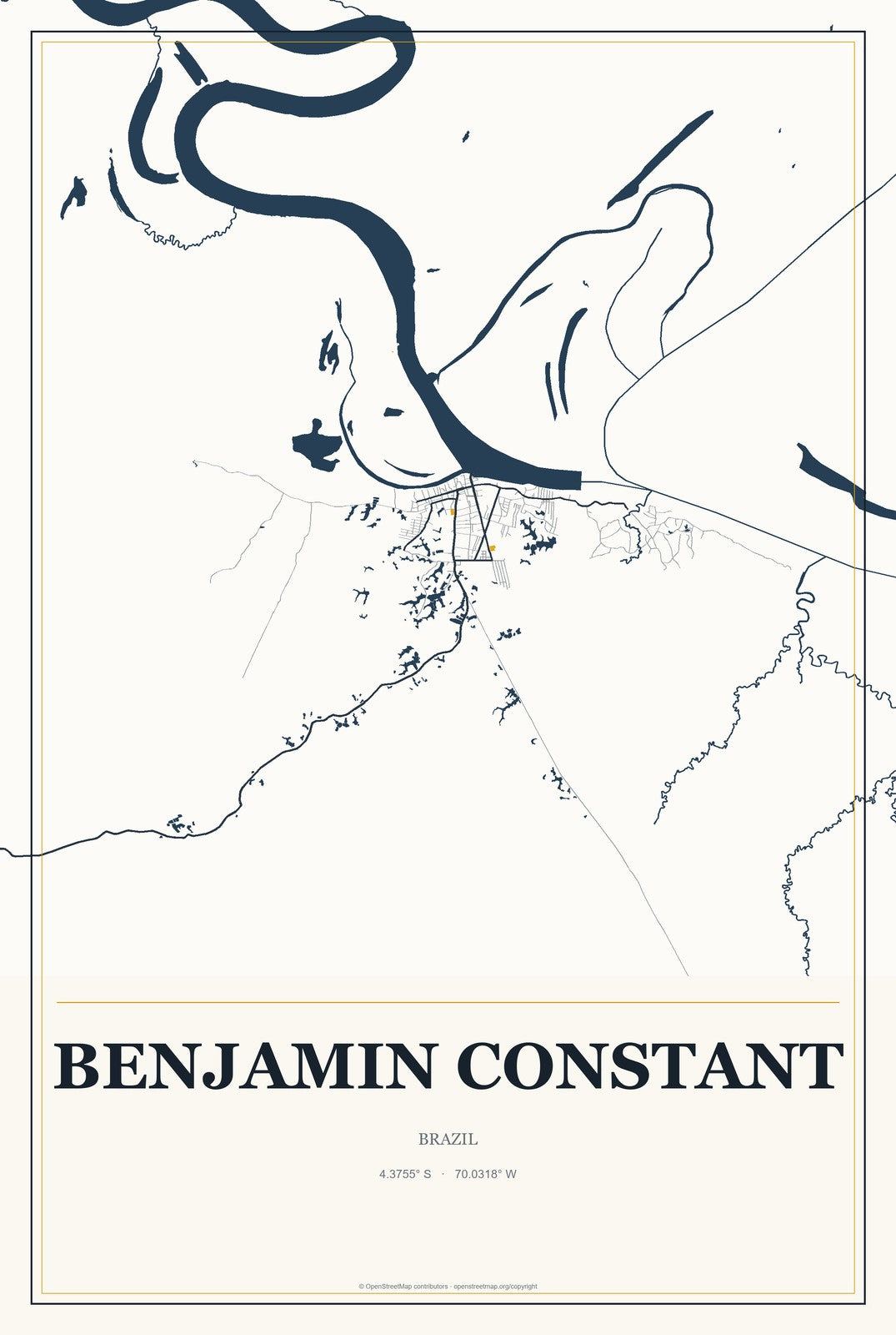 Benjamin Constant, Brazil City Map Aluminum Sign in Citrine Modern style