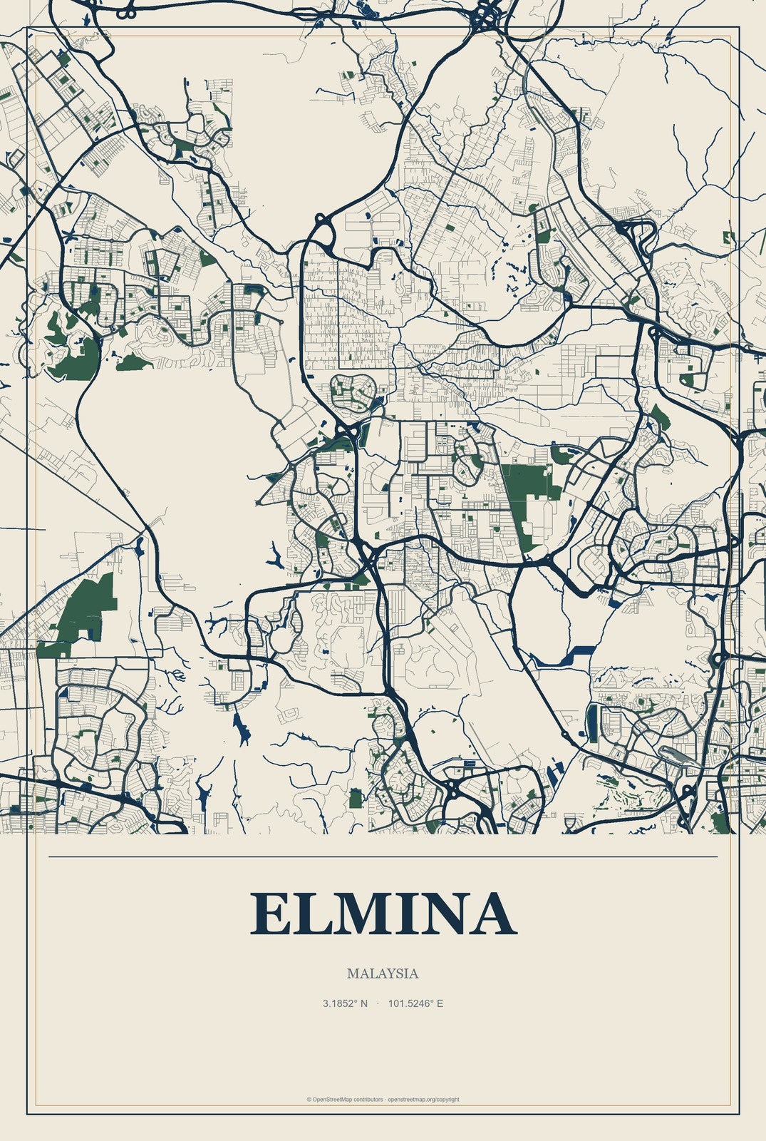 Elmina, Malaysia City Map Aluminum Sign in Coastal Cutout style