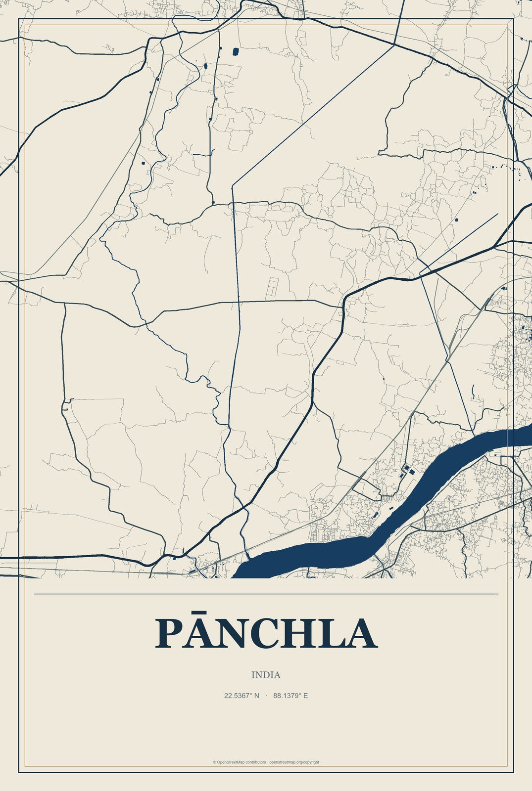Pānchla, India City Map Aluminum Sign in Coastal Cutout style