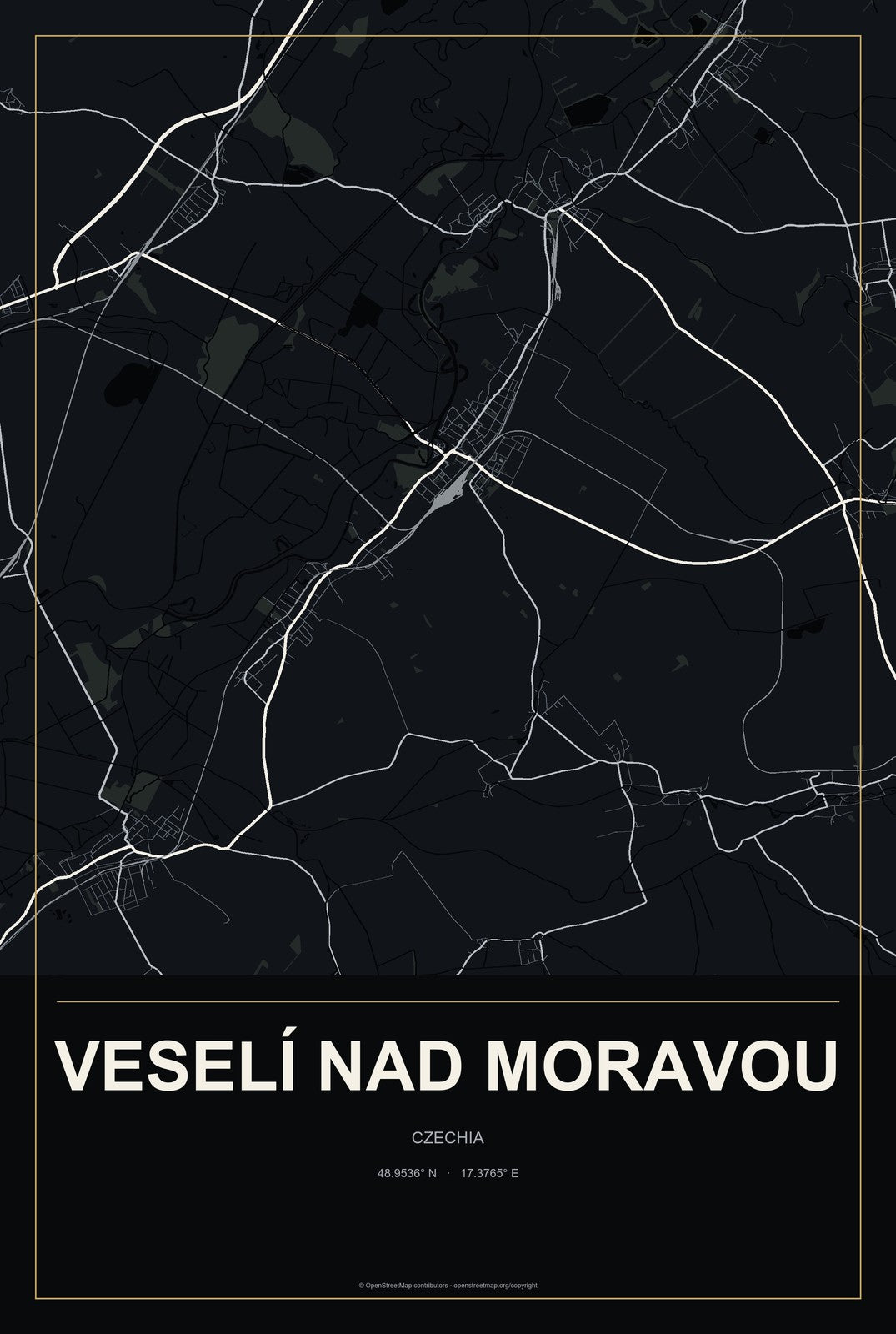 Veselí nad Moravou, Czechia City Map Aluminum Sign in Metropolitan Noir style