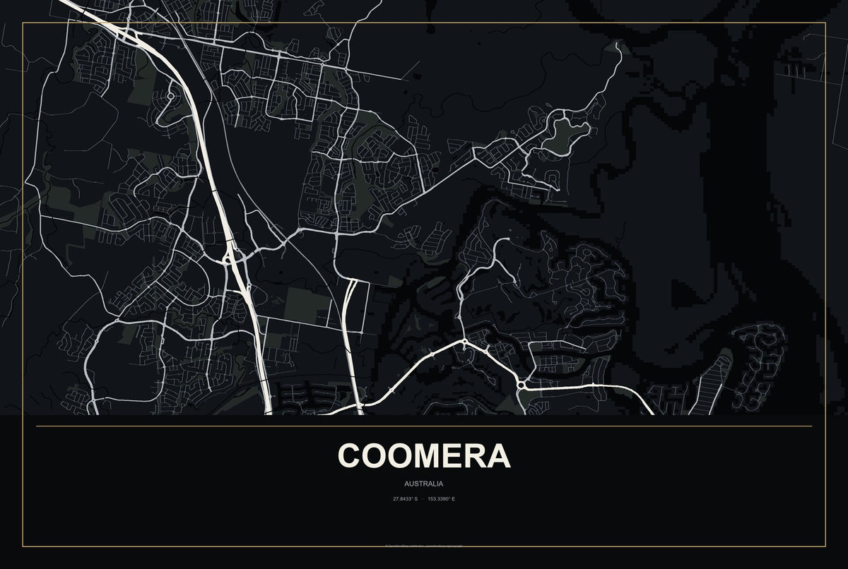 Coomera, Australia City Map Aluminum Sign in Metropolitan Noir style