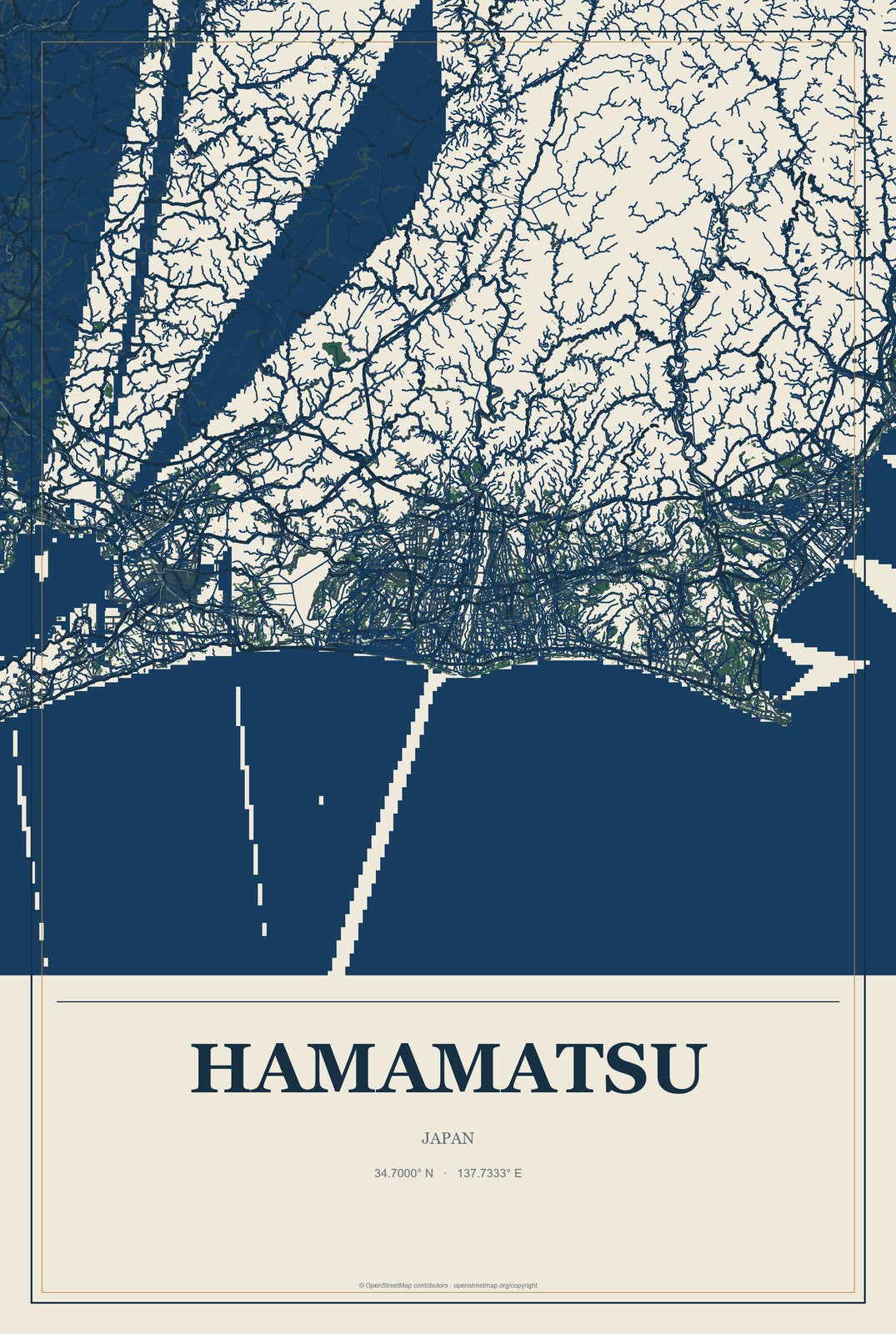 Hamamatsu, Japan City Map Aluminum Sign in Coastal Cutout style