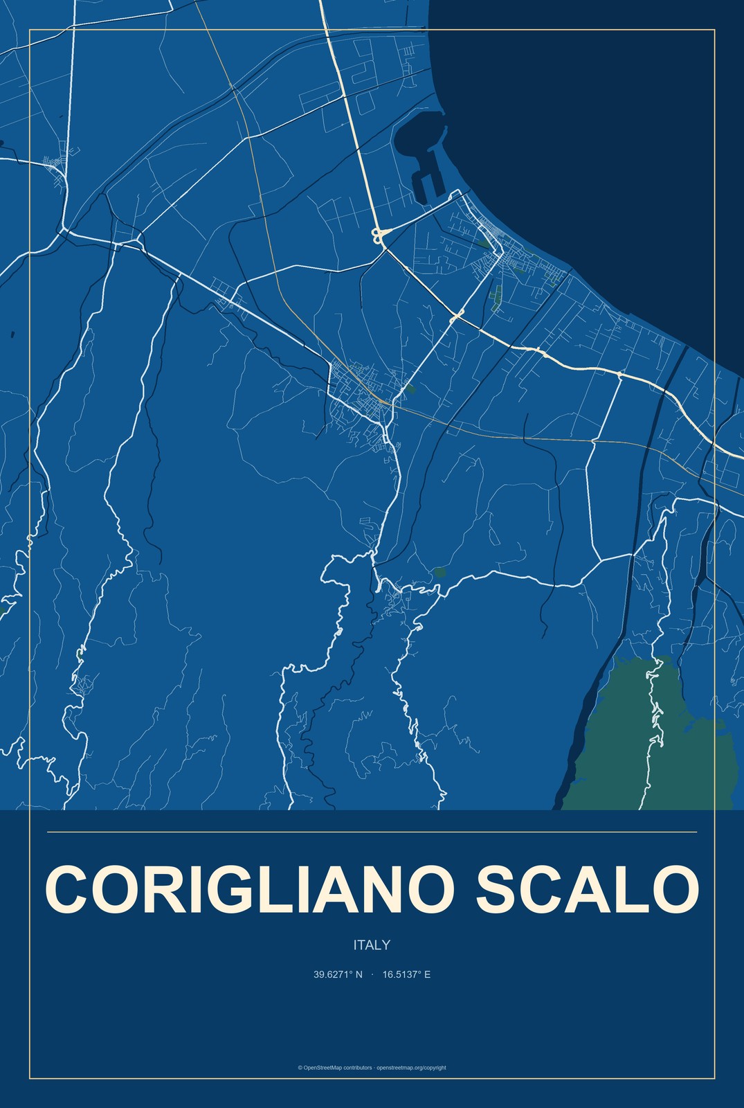 Corigliano Scalo, Italy City Map Aluminum Sign in Harbor Cobalt style