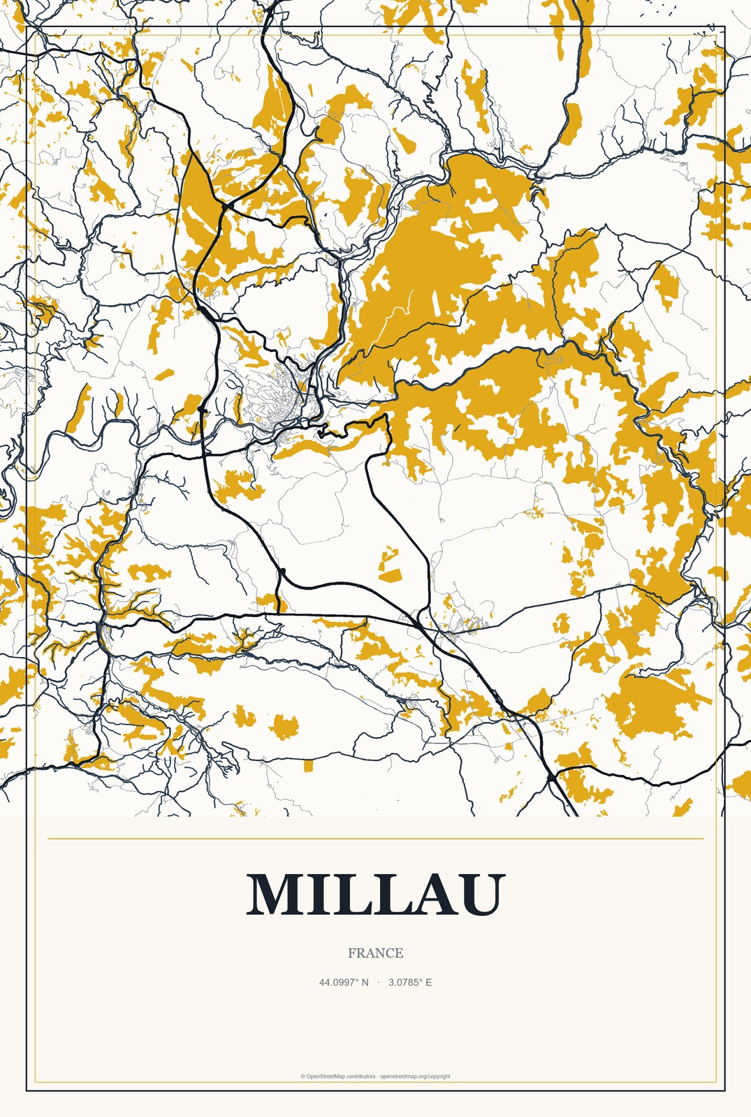 Millau, France City Map Aluminum Sign in Citrine Modern style