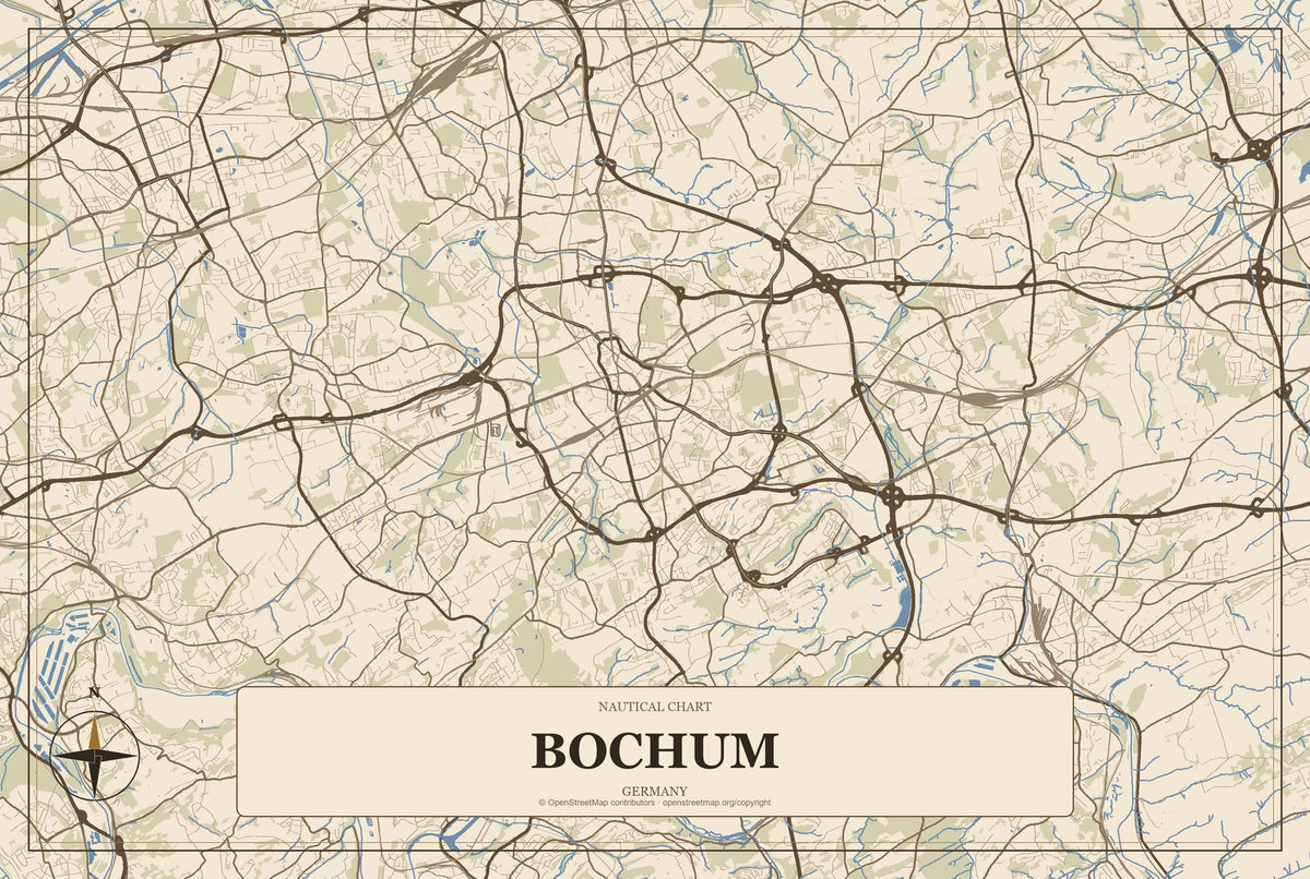 Bochum, Germany City Map Aluminum Sign in Heritage Nautical style
