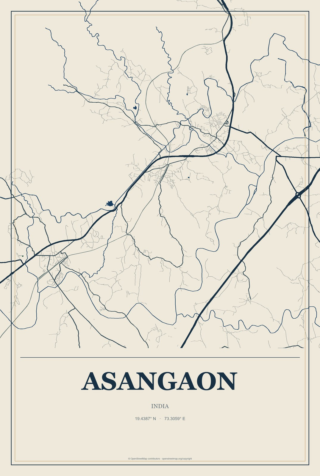 Asangaon, India City Map Aluminum Sign in Coastal Cutout style