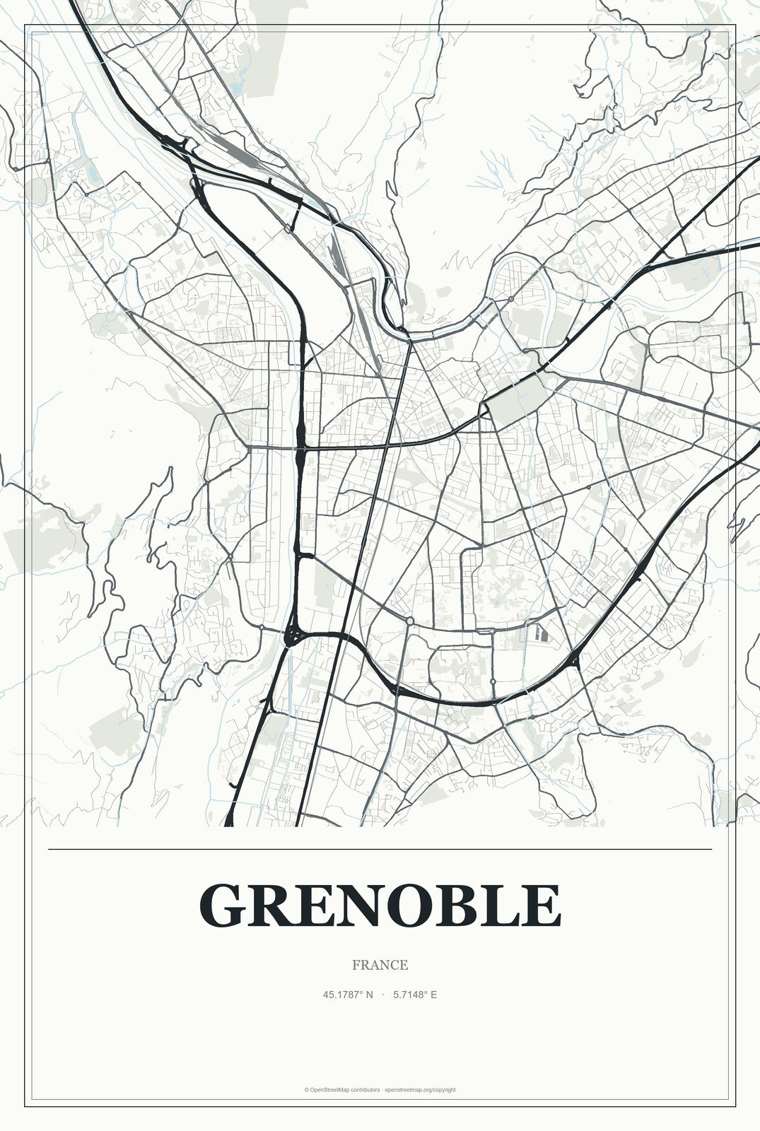 Grenoble, France City Map Aluminum Sign in Gallery Air style