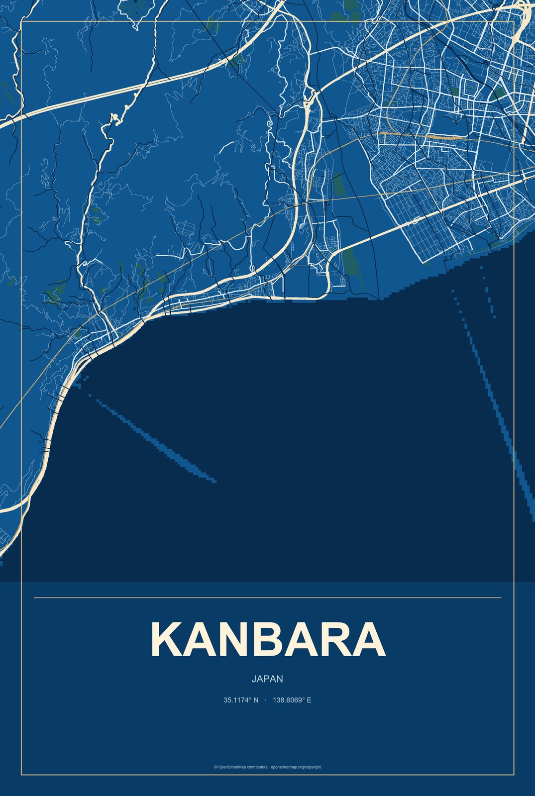Kanbara, Japan City Map Aluminum Sign in Harbor Cobalt style