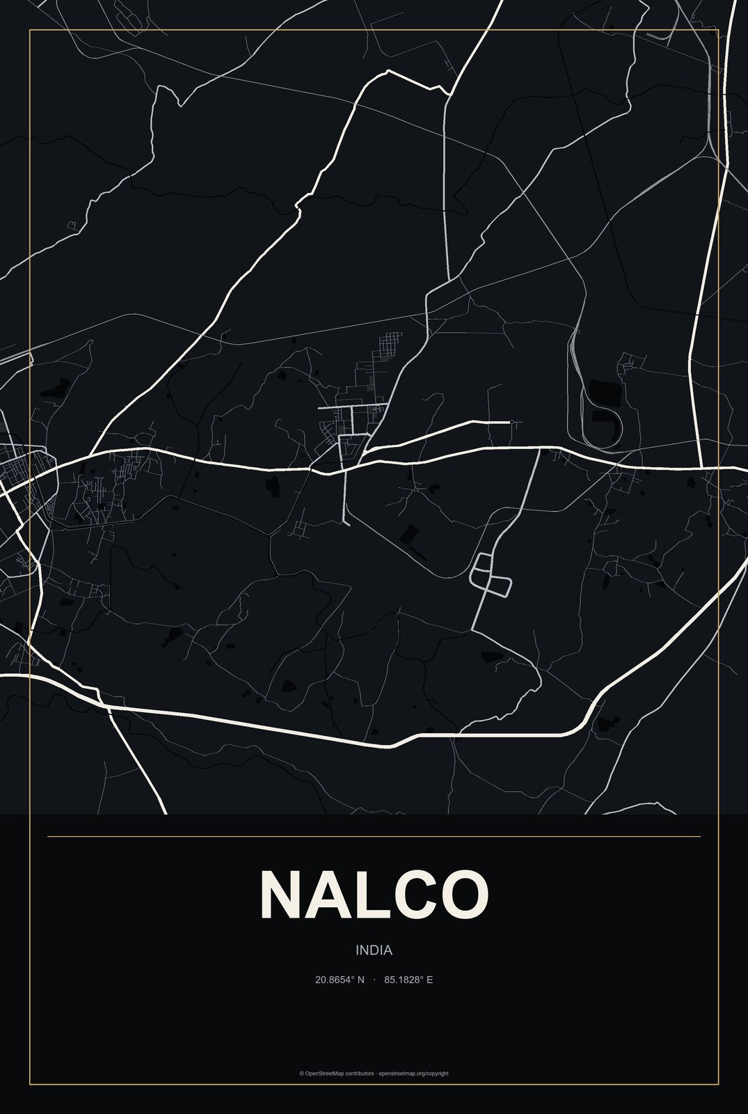 Nalco, India City Map Aluminum Sign in Metropolitan Noir style