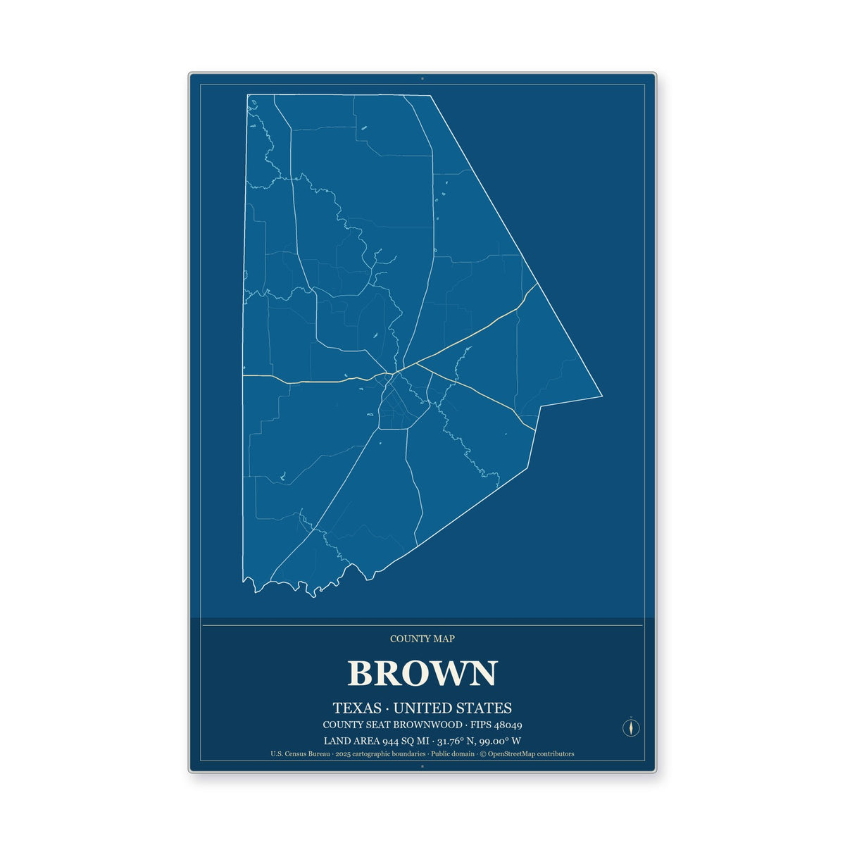 Brown County, Texas Map Aluminum Sign in Harbor Cobalt style