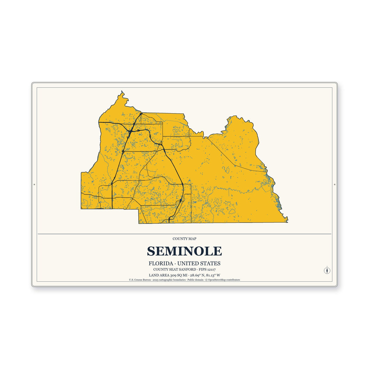 Seminole County, Florida Map Aluminum Sign in Citrine Modern style