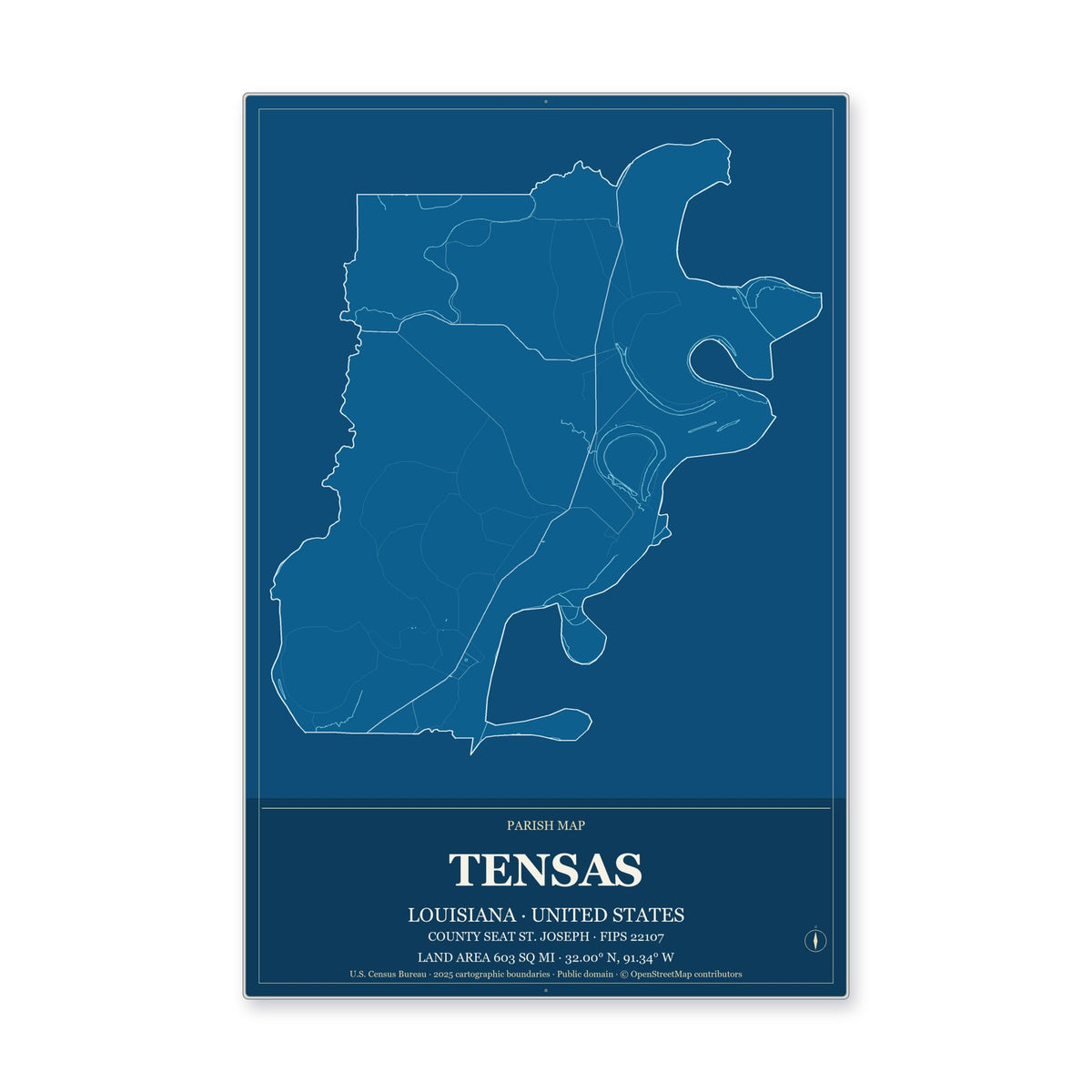 Tensas Parish, Louisiana Map Aluminum Sign in Harbor Cobalt style
