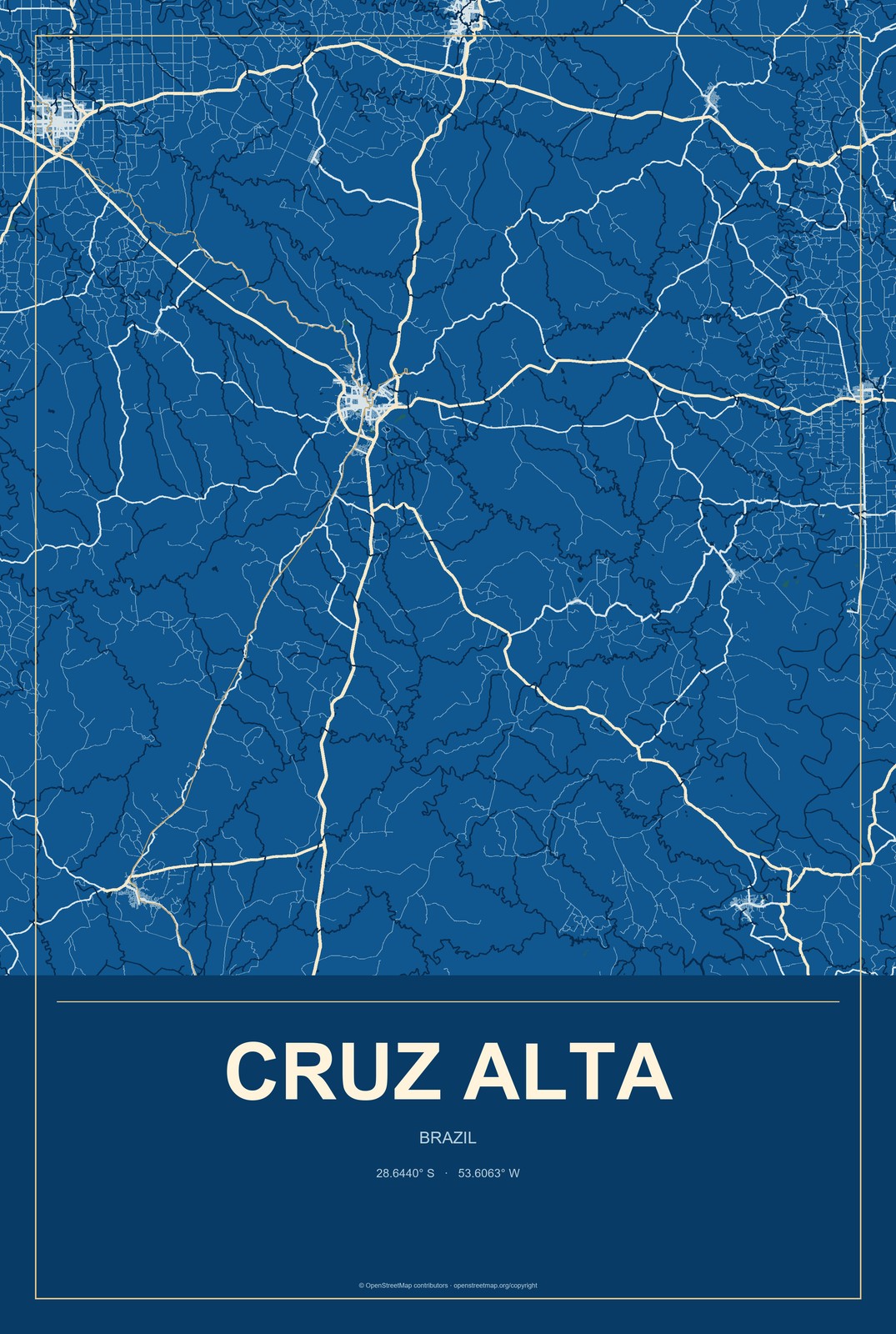 Cruz Alta, Brazil City Map Aluminum Sign in Harbor Cobalt style