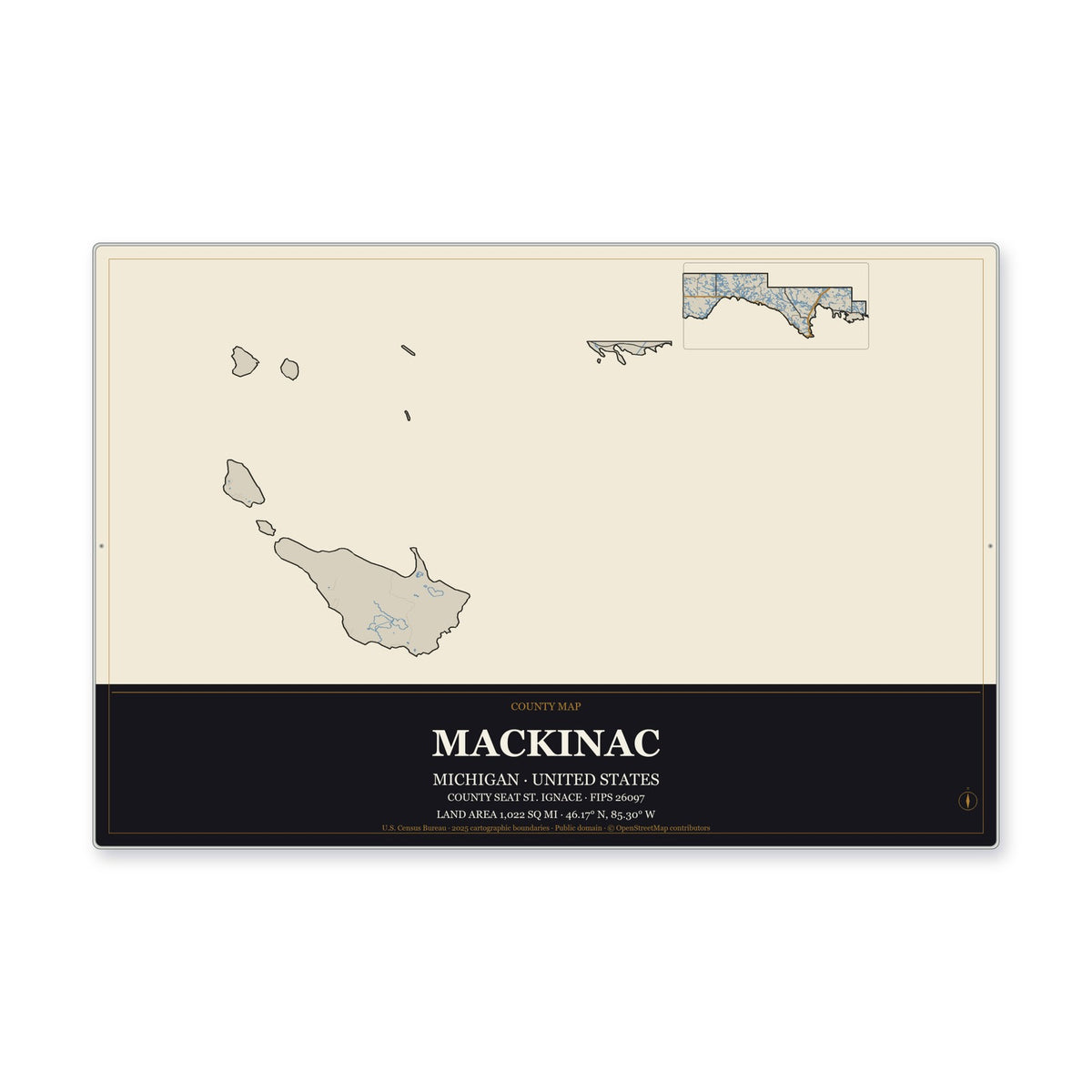 Mackinac County, Michigan Map Aluminum Sign in Museum Plaque style