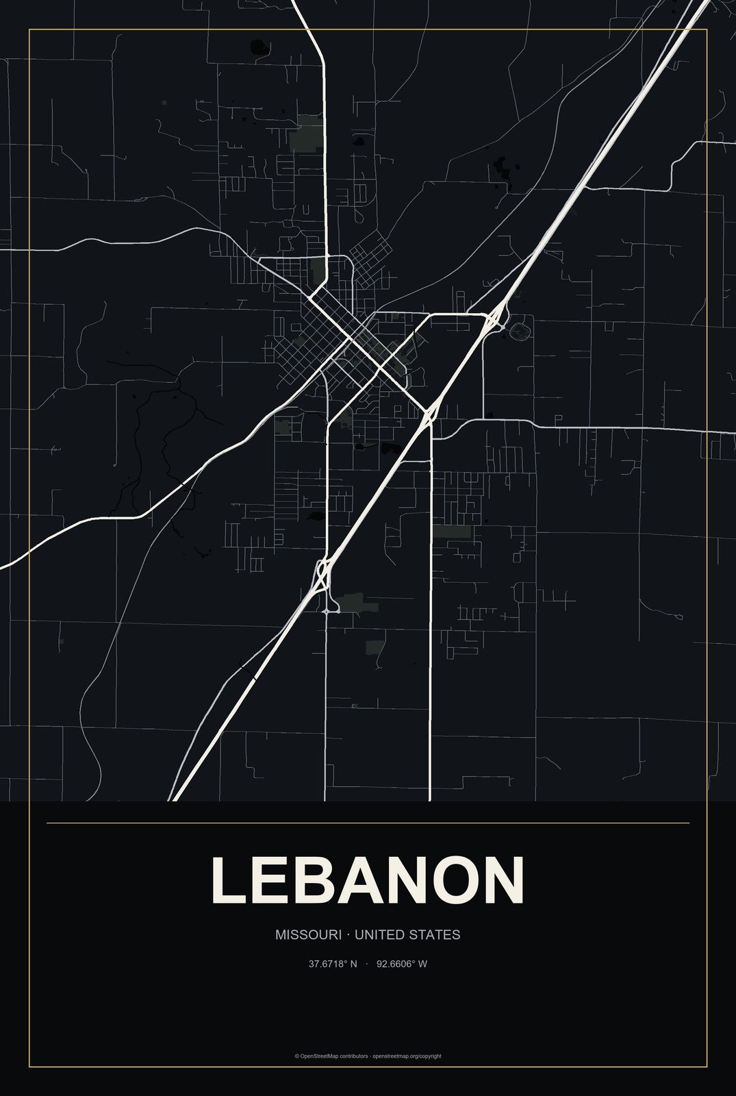 Lebanon, Missouri City Map Aluminum Sign in Metropolitan Noir style
