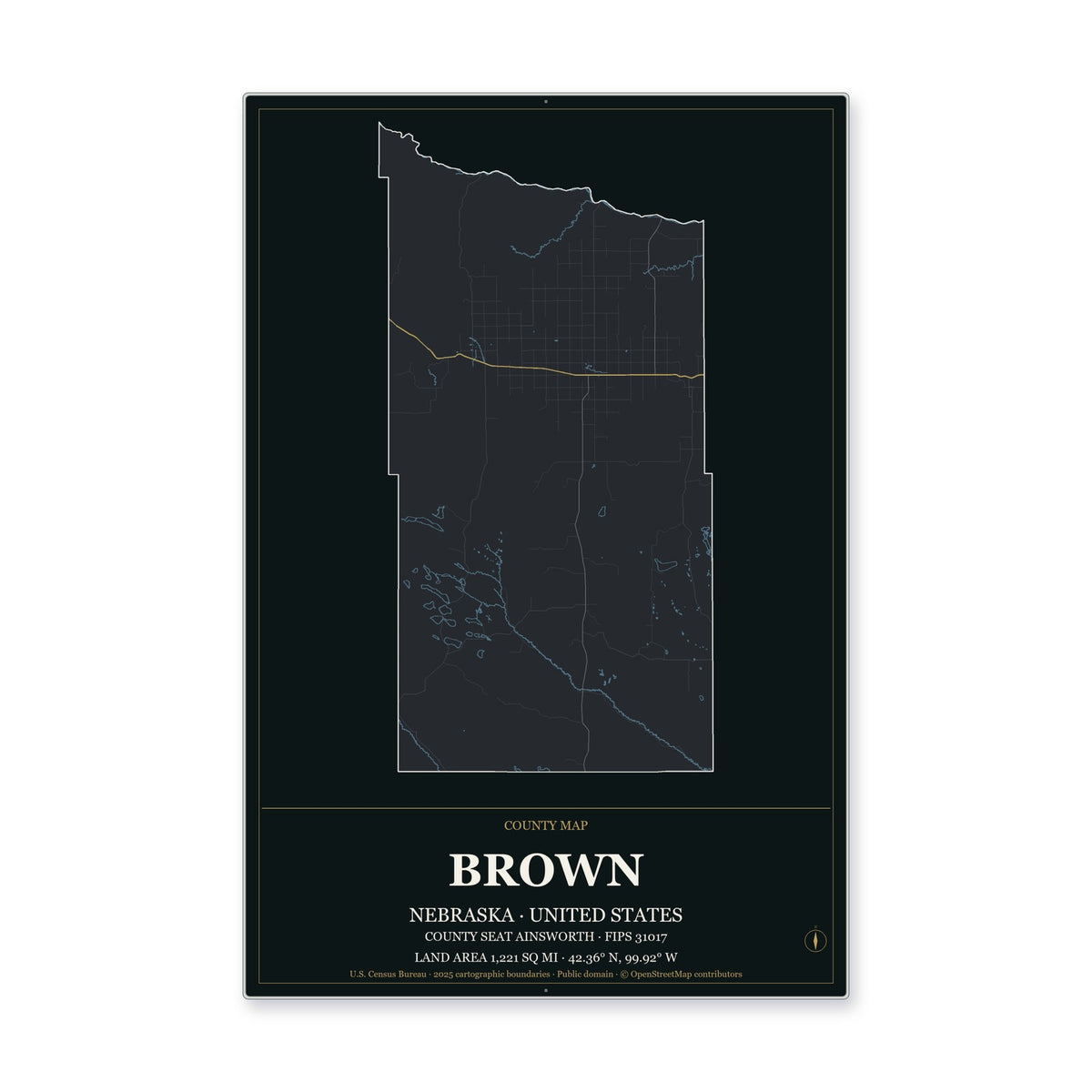 Brown County, Nebraska Map Aluminum Sign in Metropolitan Noir style