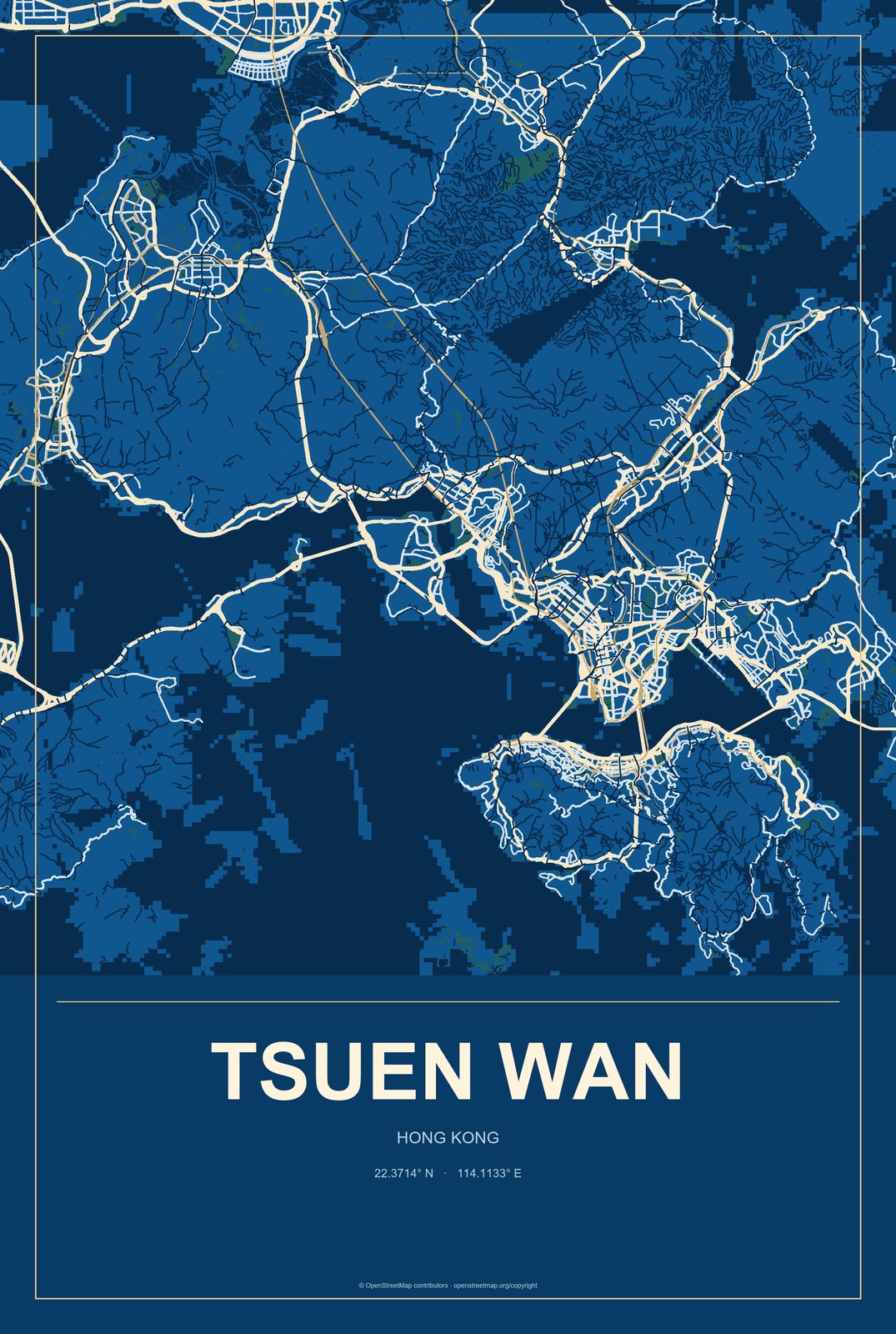 Tsuen Wan, Hong Kong City Map Aluminum Sign in Harbor Cobalt style