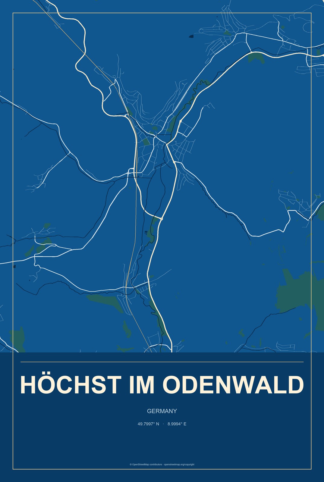 Höchst im Odenwald, Germany City Map Aluminum Sign in Harbor Cobalt style