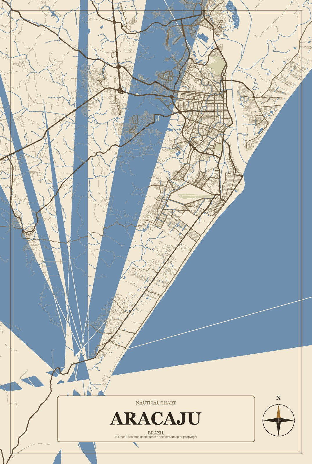 Aracaju, Brazil City Map Aluminum Sign in Heritage Nautical style