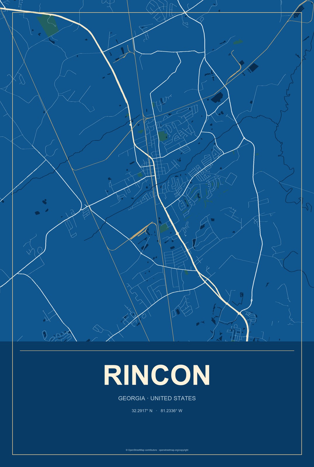 Rincon, Georgia City Map Aluminum Sign in Harbor Cobalt style