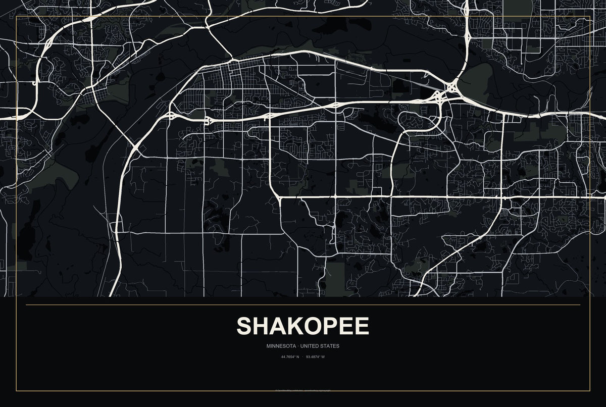 Shakopee, Minnesota City Map Aluminum Sign in Metropolitan Noir style