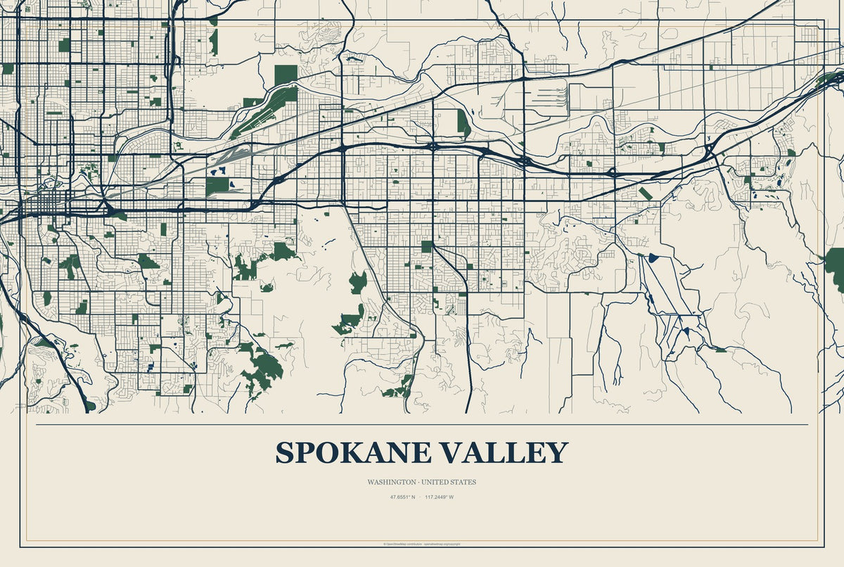 Spokane Valley, Washington City Map Aluminum Sign in Coastal Cutout style