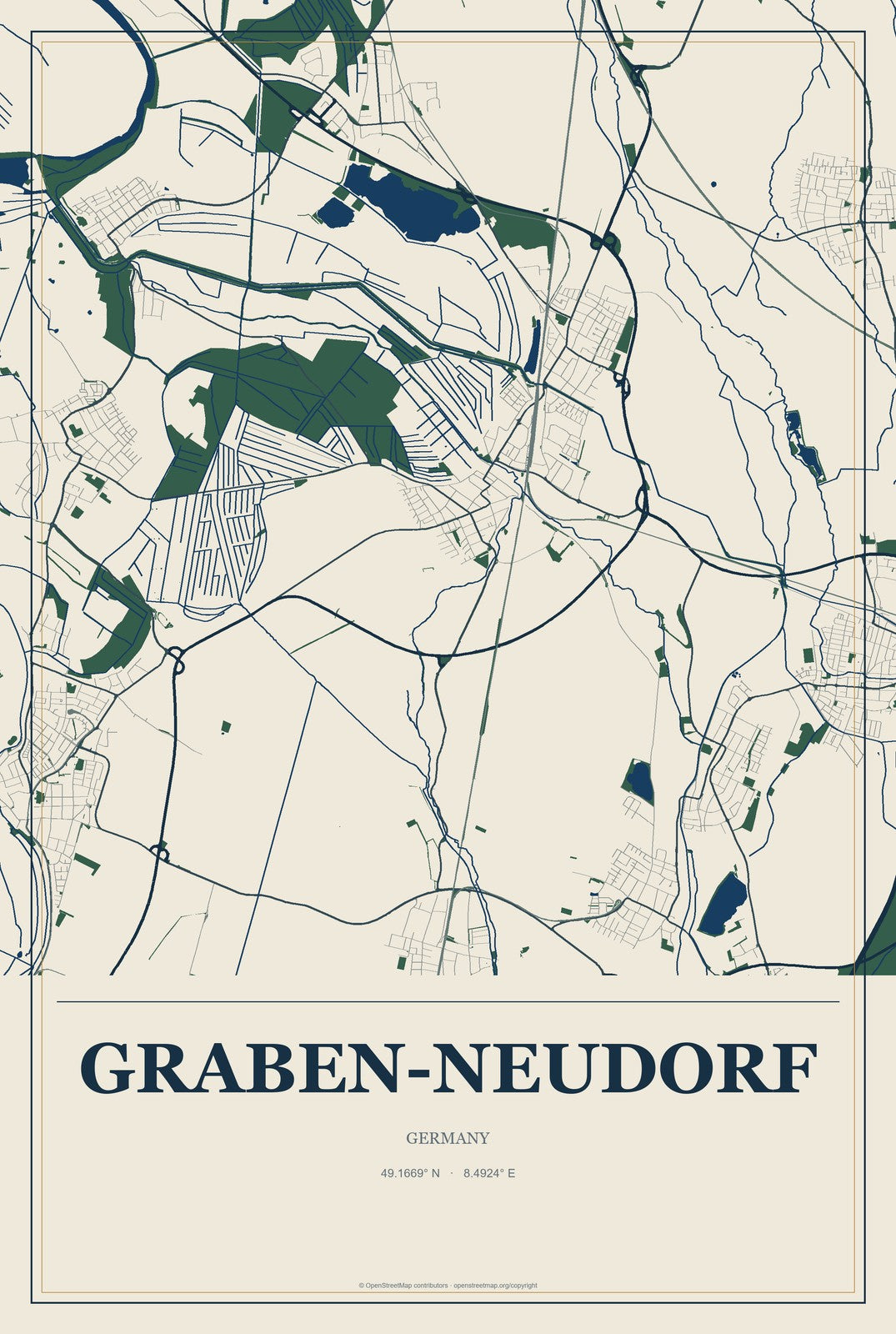 Graben-Neudorf, Germany City Map Aluminum Sign in Coastal Cutout style
