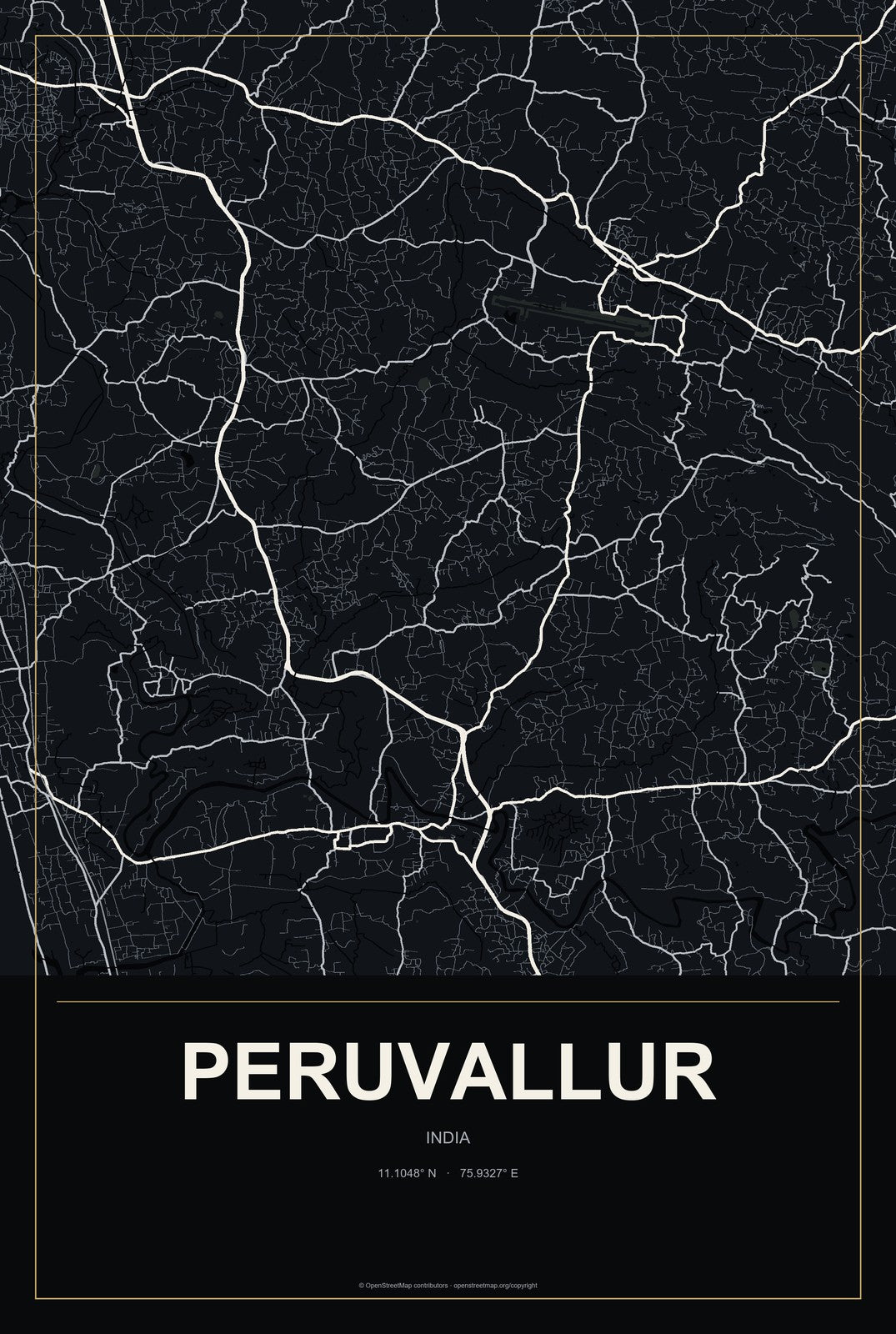Peruvallur, India City Map Aluminum Sign in Metropolitan Noir style