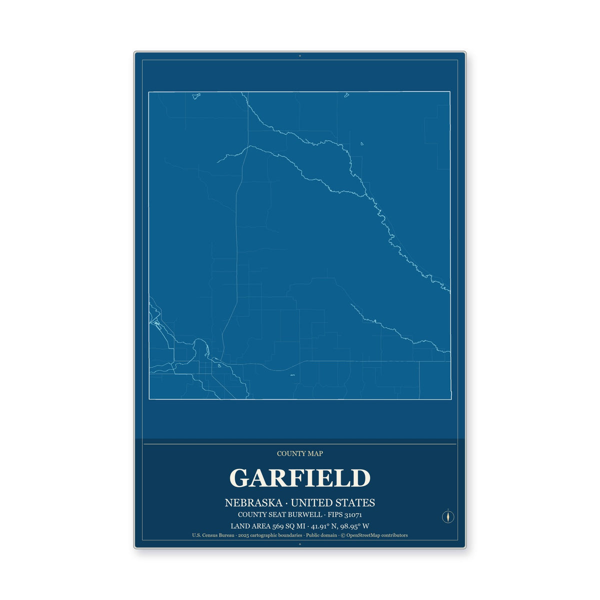 Garfield County, Nebraska Map Aluminum Sign in Harbor Cobalt style