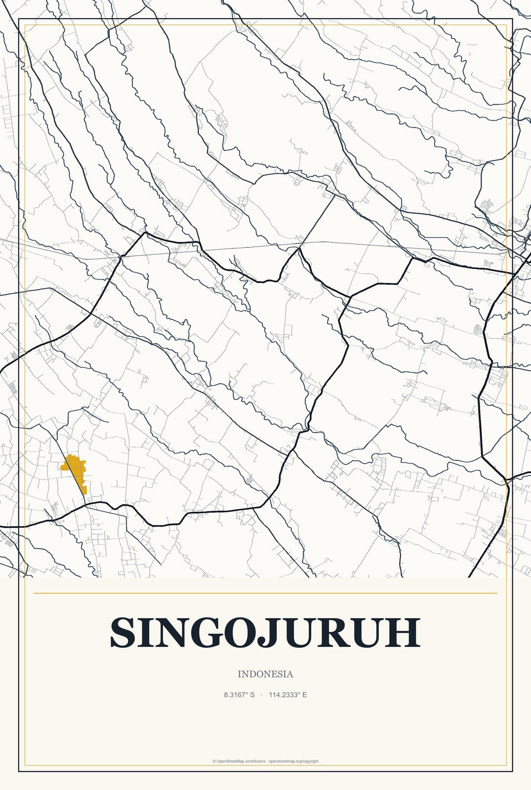Singojuruh, Indonesia City Map Aluminum Sign in Citrine Modern style