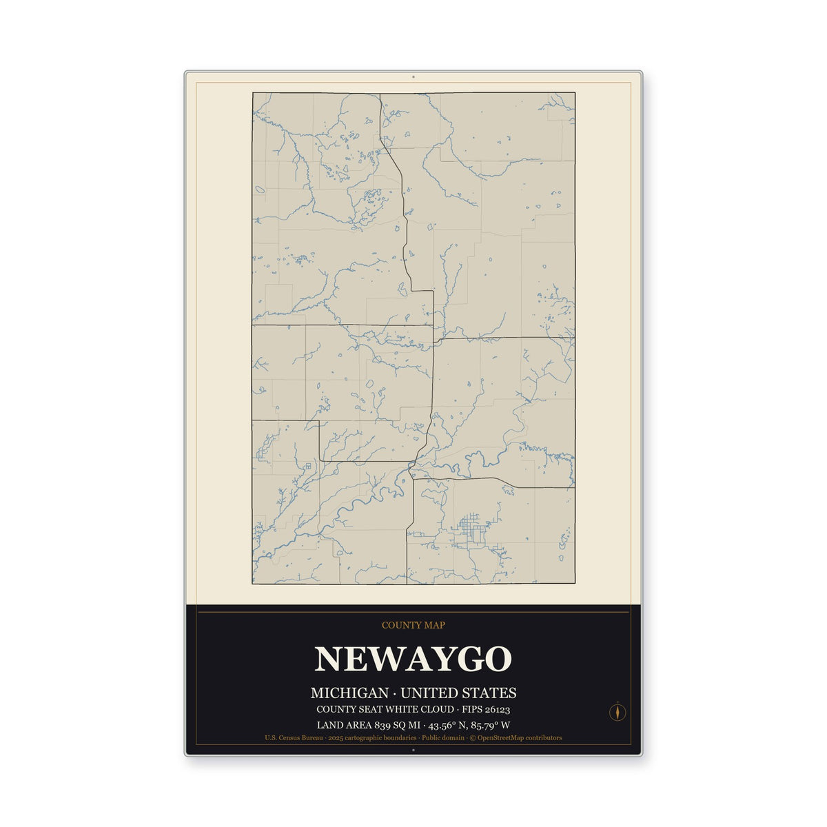 Newaygo County, Michigan Map Aluminum Sign in Museum Plaque style