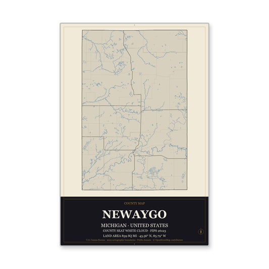 Newaygo County, Michigan Map Aluminum Sign in Museum Plaque style