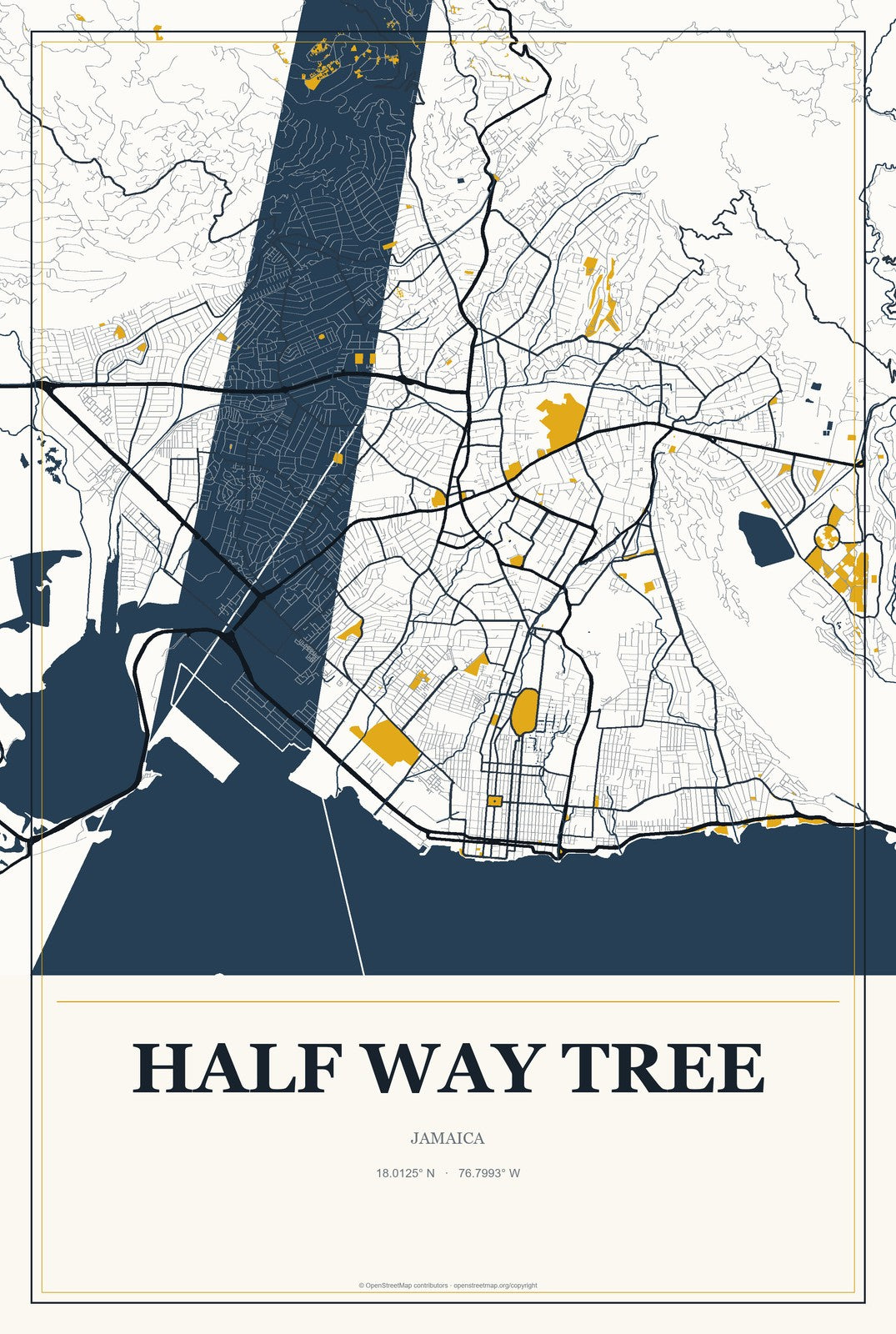 Half Way Tree, Jamaica City Map Aluminum Sign in Citrine Modern style