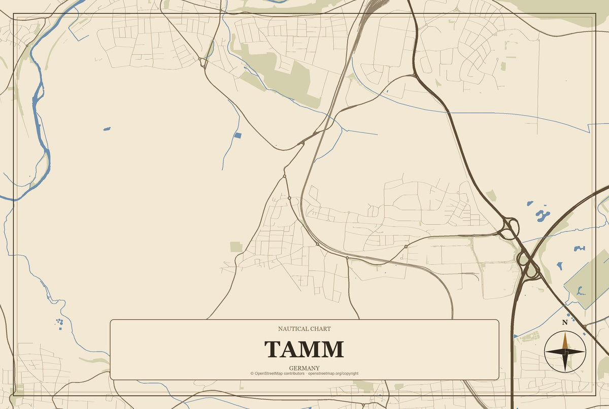 Tamm, Germany City Map Aluminum Sign in Heritage Nautical style