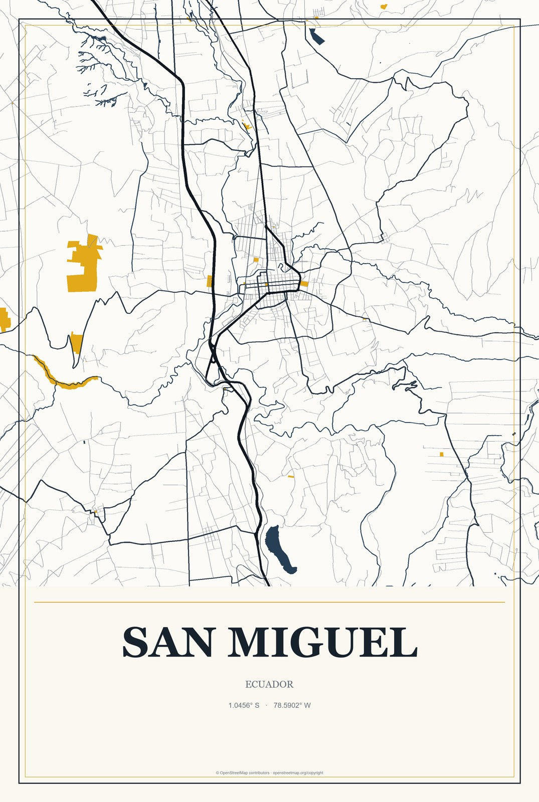San Miguel, Ecuador City Map Aluminum Sign in Citrine Modern style