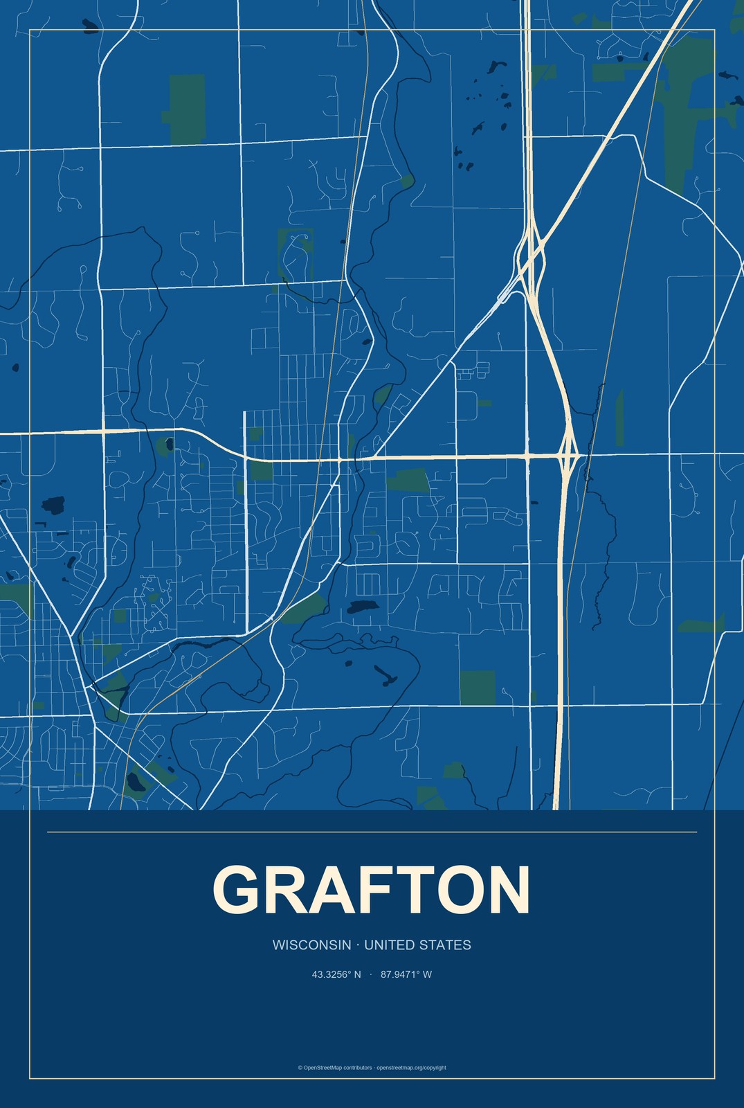Grafton, Wisconsin City Map Aluminum Sign in Harbor Cobalt style